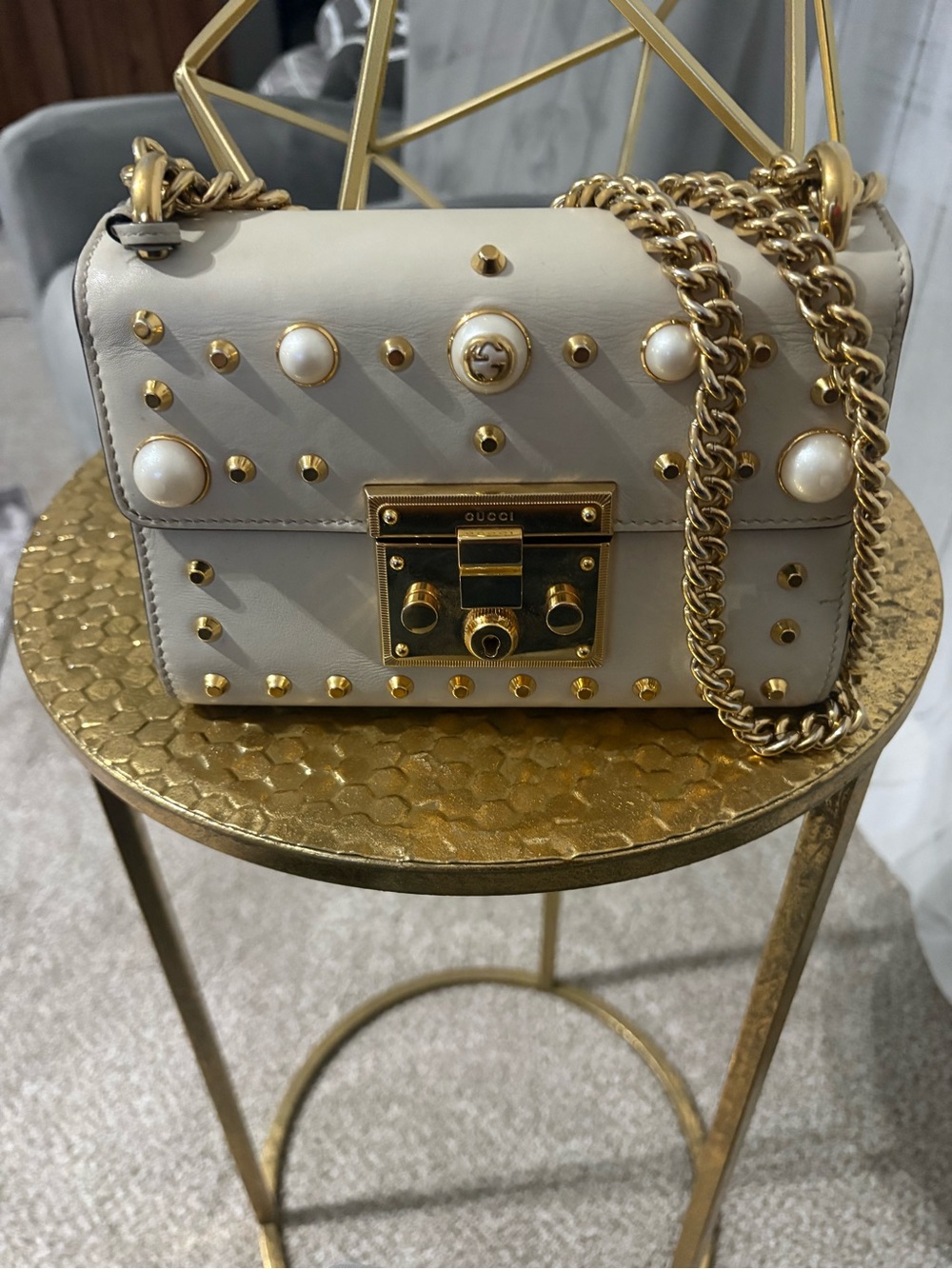 Gucci Ivory Pearl-Stud Leather padlock -shoulder bag with Gold Hardware
